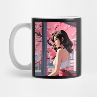 Japanese Girl Enjoying Cherry Blossom - Anime Drawing Mug